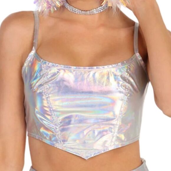Iheartraves Holographic Colorful Cropped Corset Festival Rave Top - Picture 1 of 5
